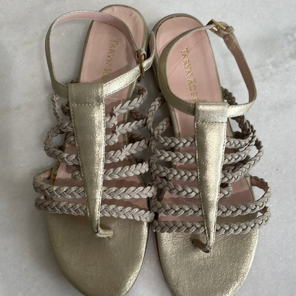 Taryn Rose Sandals-Thong Gold Shoes 9M stretchy braids for comfort ankle strap